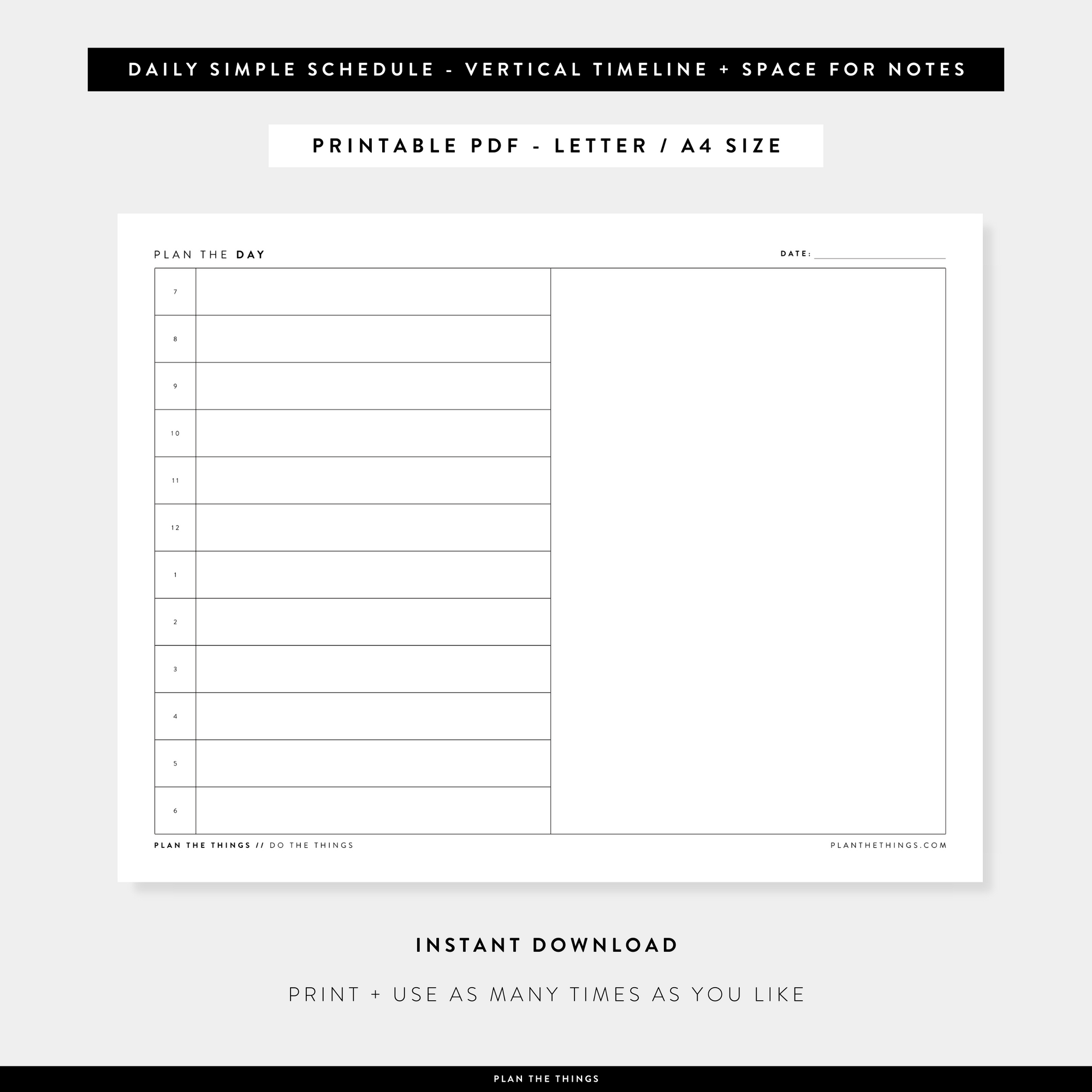 Daily Simple Schedule with Vertical Timeline - Undated Printable Planner Inserts (A4 + US Letter)