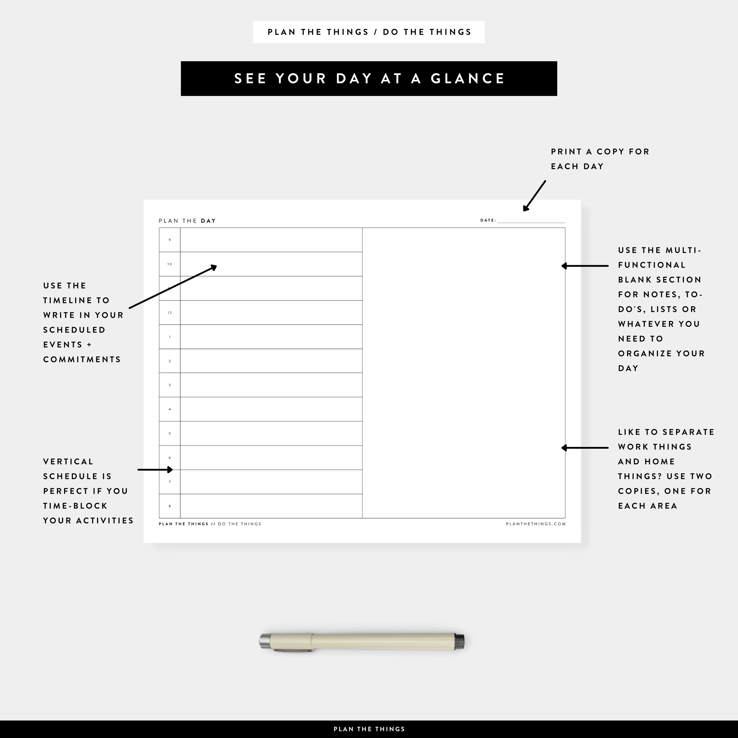 Daily Simple Schedule with Vertical Timeline - Undated Printable Plann -  Plan The Things
