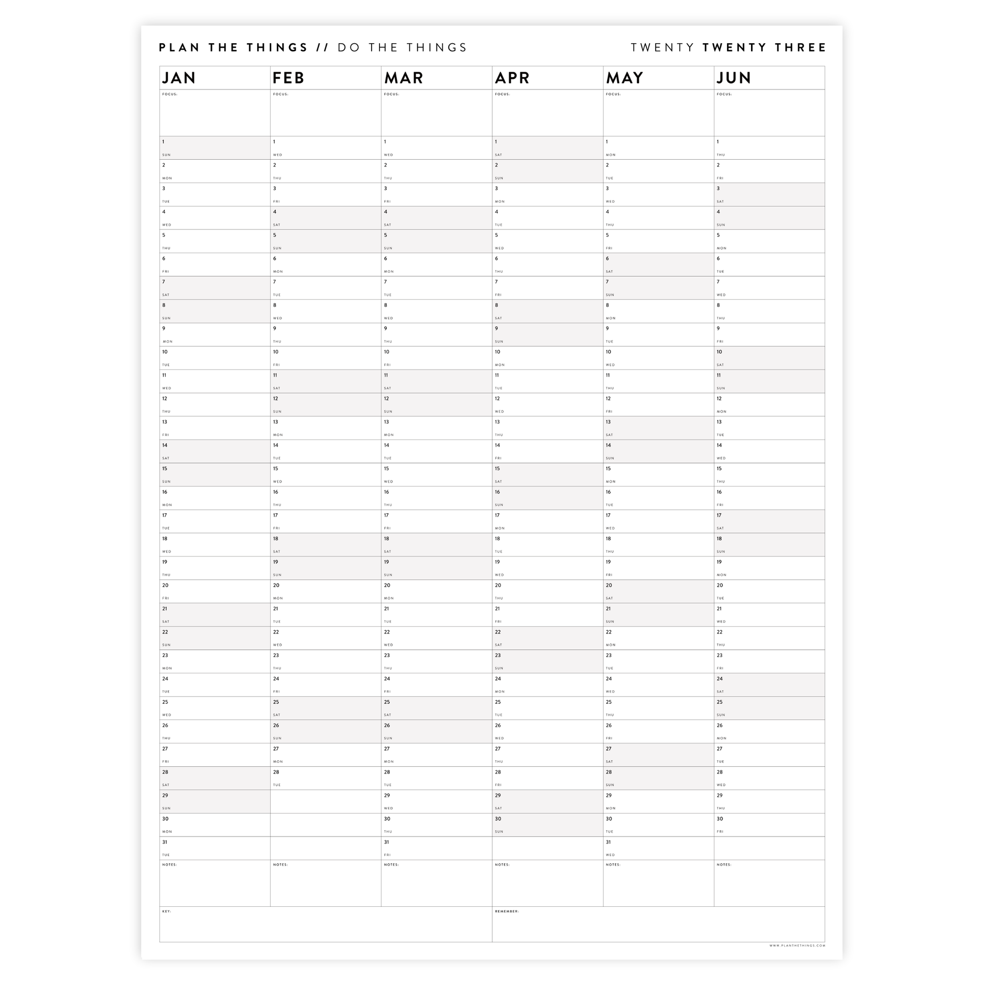 PRINTABLE SIX MONTH 2023 WALL CALENDAR SET WITH GRAY / GREY WEEKENDS - INSTANT DOWNLOAD