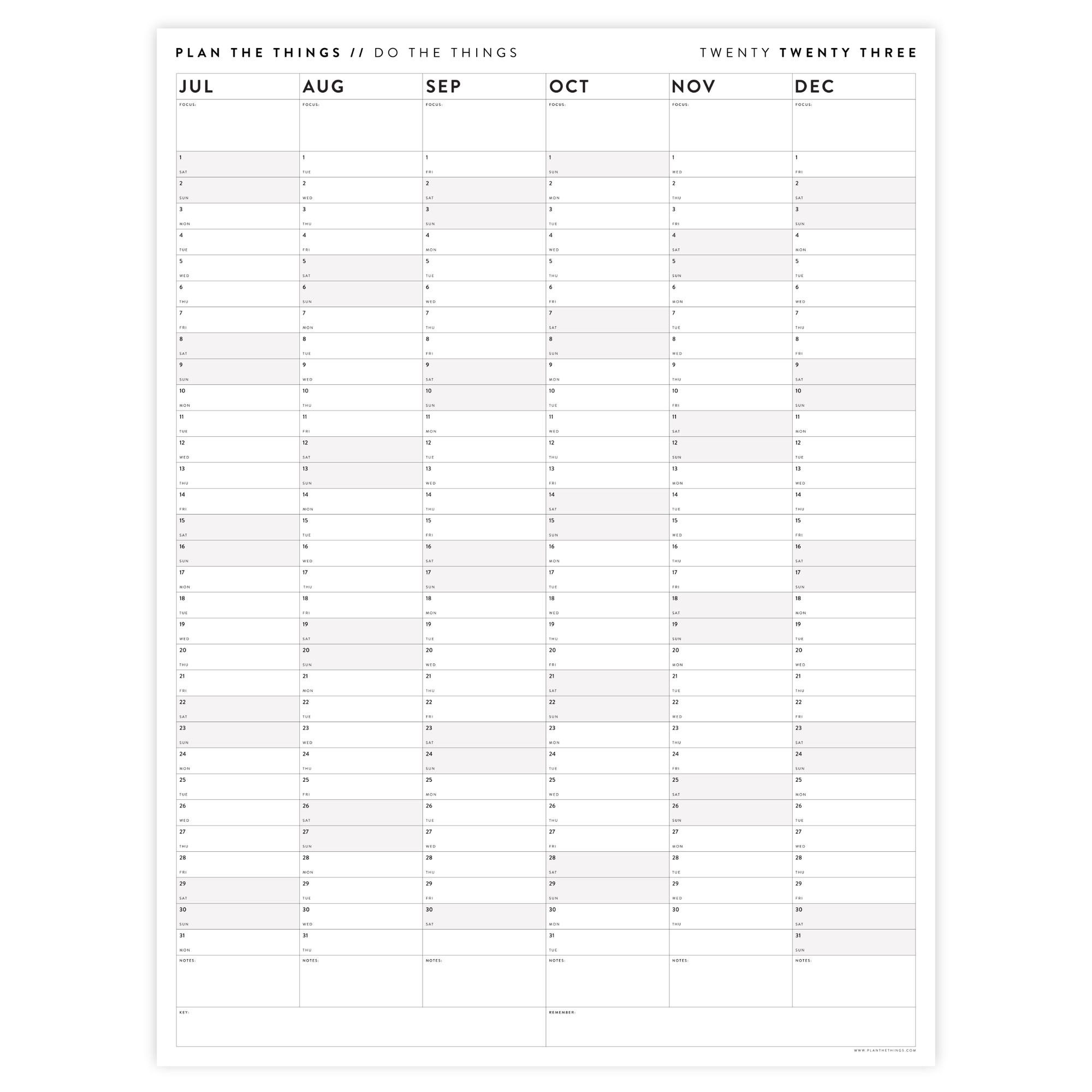 PRINTABLE SIX MONTH 2023 WALL CALENDAR (JULY TO DECEMBER) WITH GRAY / GREY WEEKENDS - INSTANT DOWNLOAD