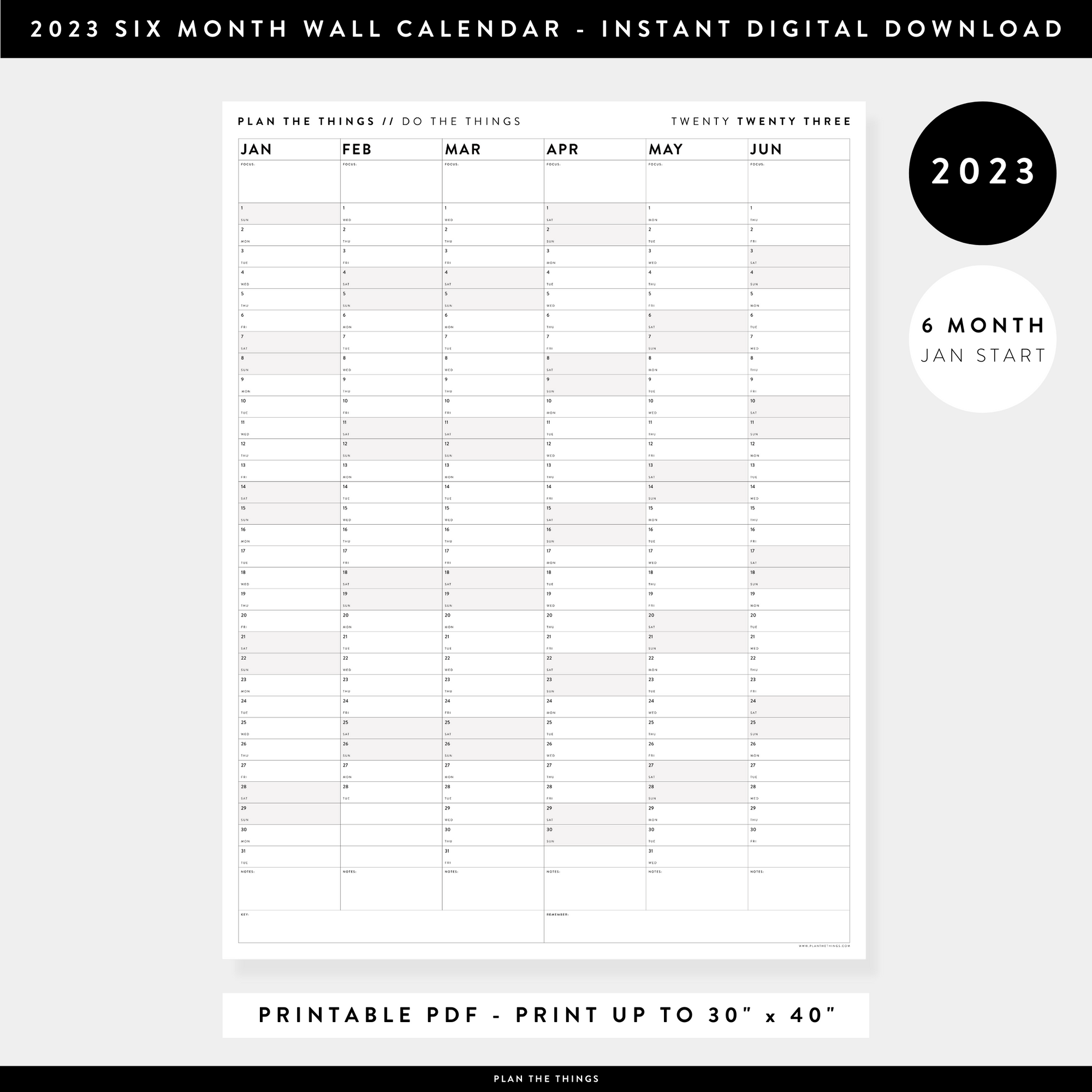 PRINTABLE SIX MONTH 2023 WALL CALENDAR (JANUARY TO JUNE) WITH GRAY / GREY WEEKENDS - INSTANT DOWNLOAD