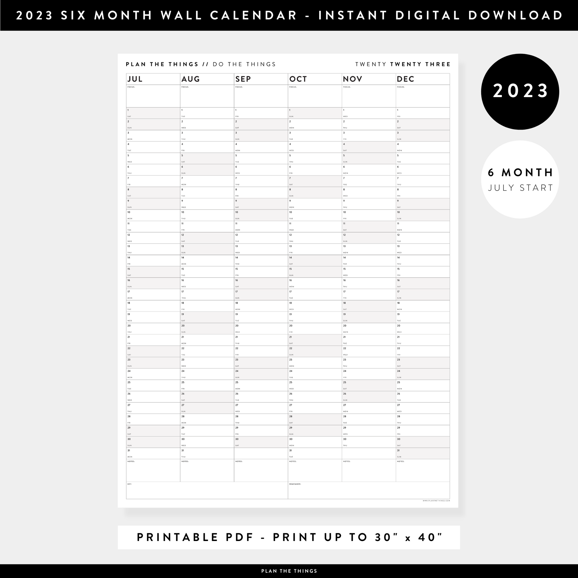 PRINTABLE SIX MONTH 2023 WALL CALENDAR (JULY TO DECEMBER) WITH GRAY / GREY WEEKENDS - INSTANT DOWNLOAD