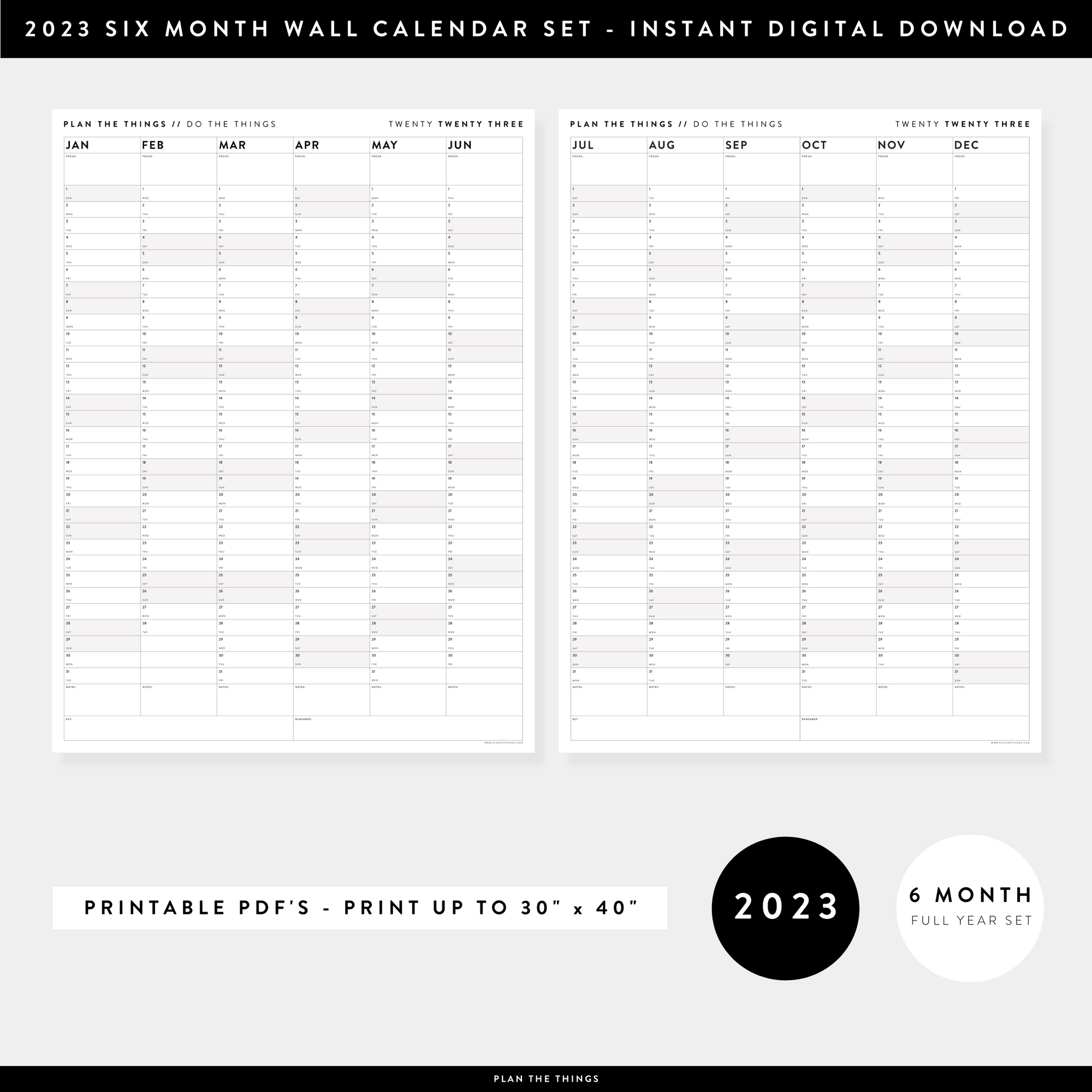 PRINTABLE SIX MONTH 2023 WALL CALENDAR SET WITH GRAY / GREY WEEKENDS - INSTANT DOWNLOAD