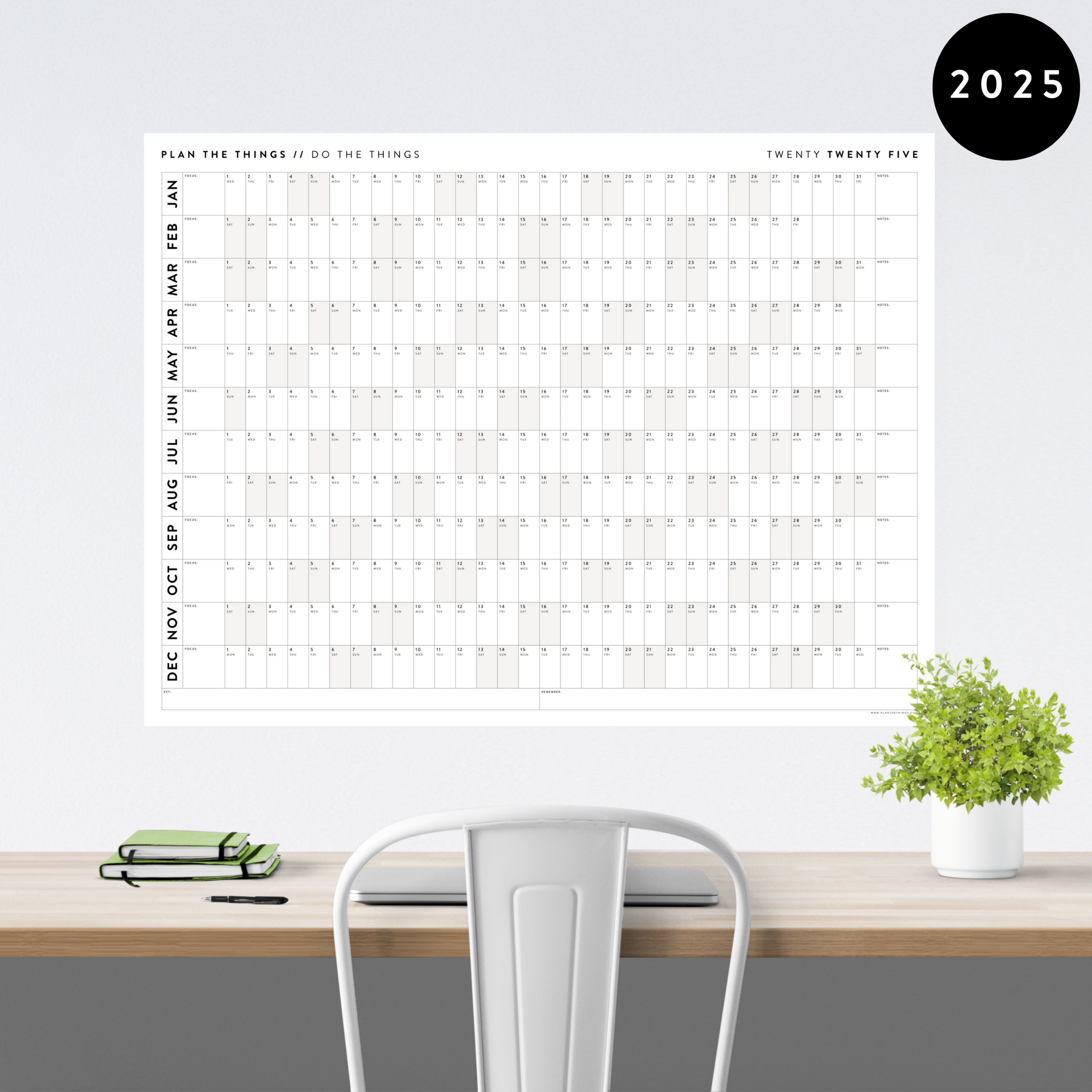GIANT 2025 ANNUAL WALL CALENDAR | HORIZONTAL WITH GRAY WEEKENDS