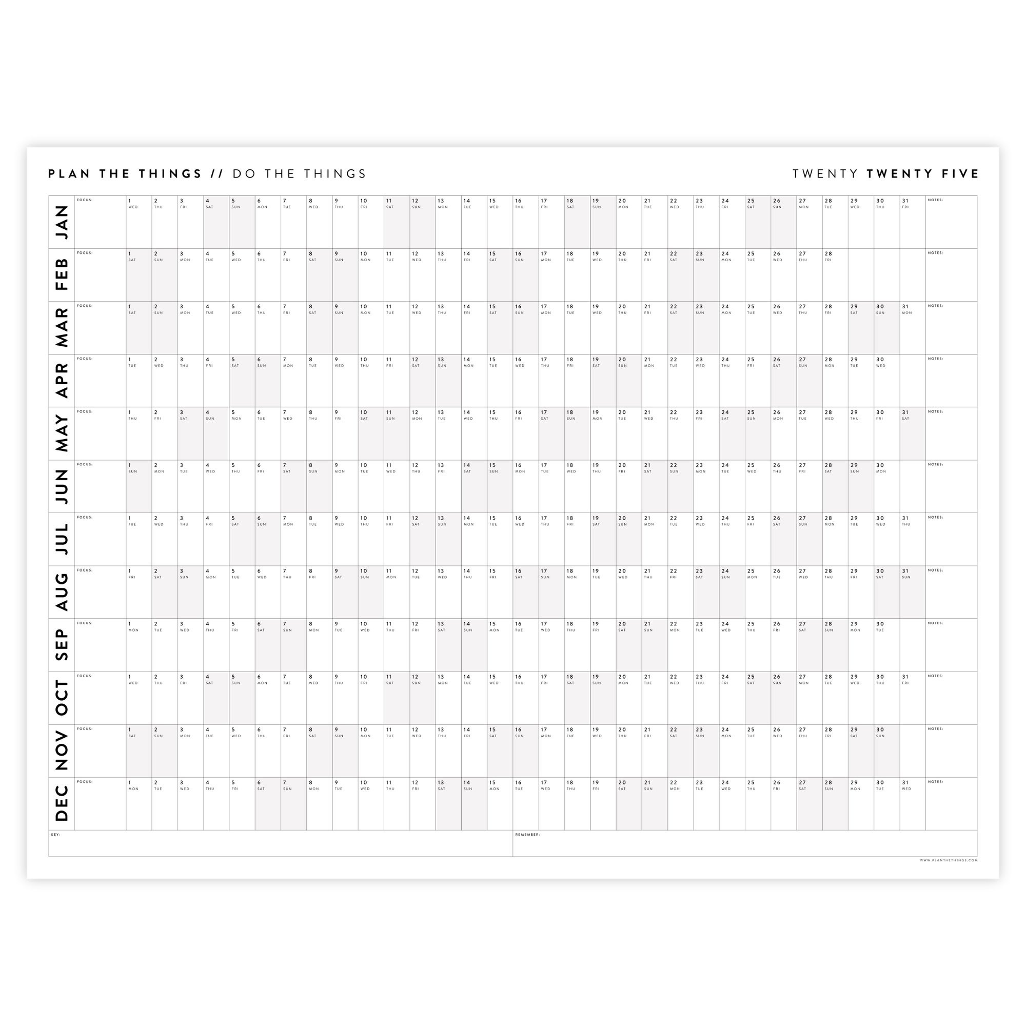 GIANT 2025 ANNUAL WALL CALENDAR | HORIZONTAL WITH GRAY WEEKENDS
