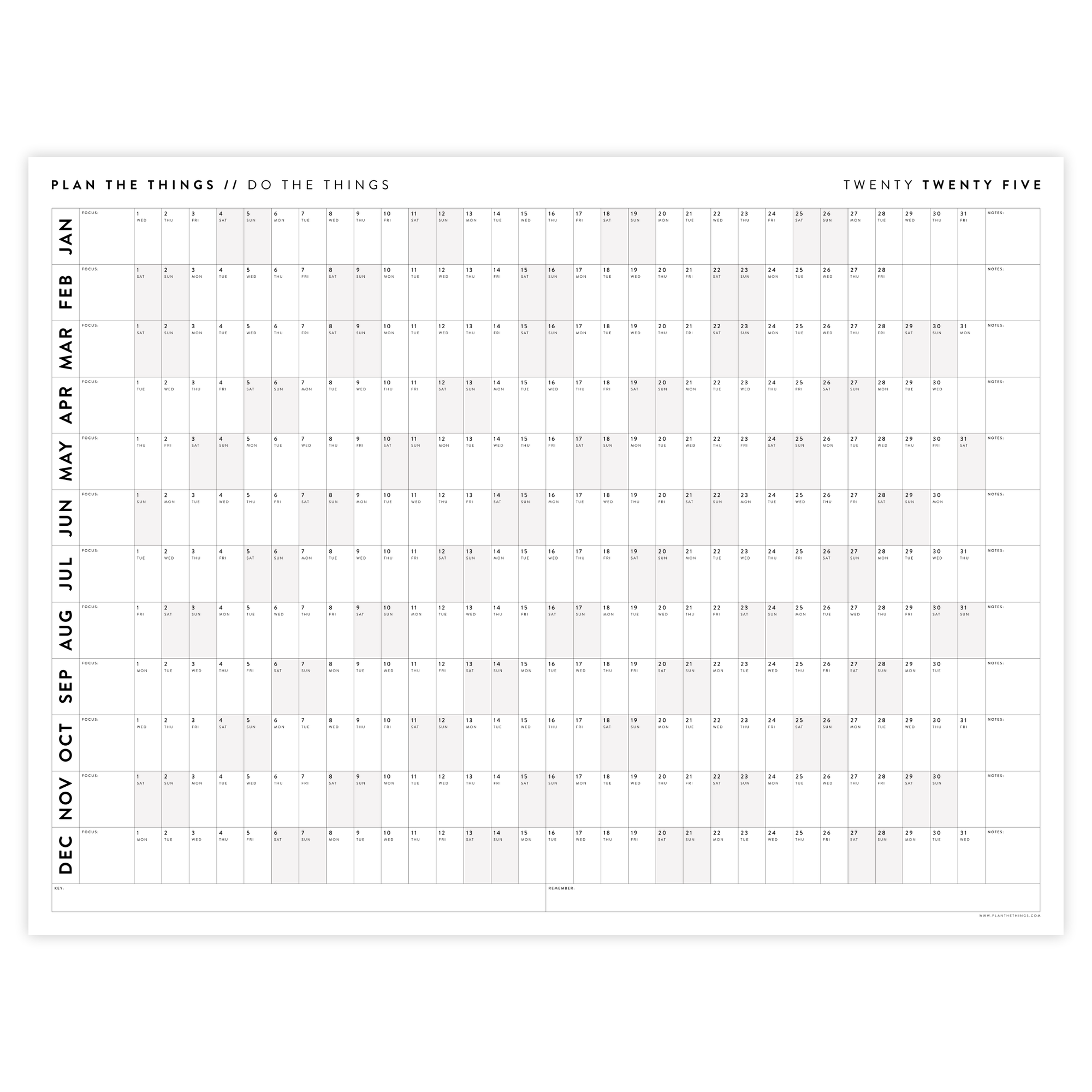 PRINTABLE 2025 HORIZONTAL WALL CALENDAR WITH GRAY / GREY WEEKENDS - INSTANT DOWNLOAD