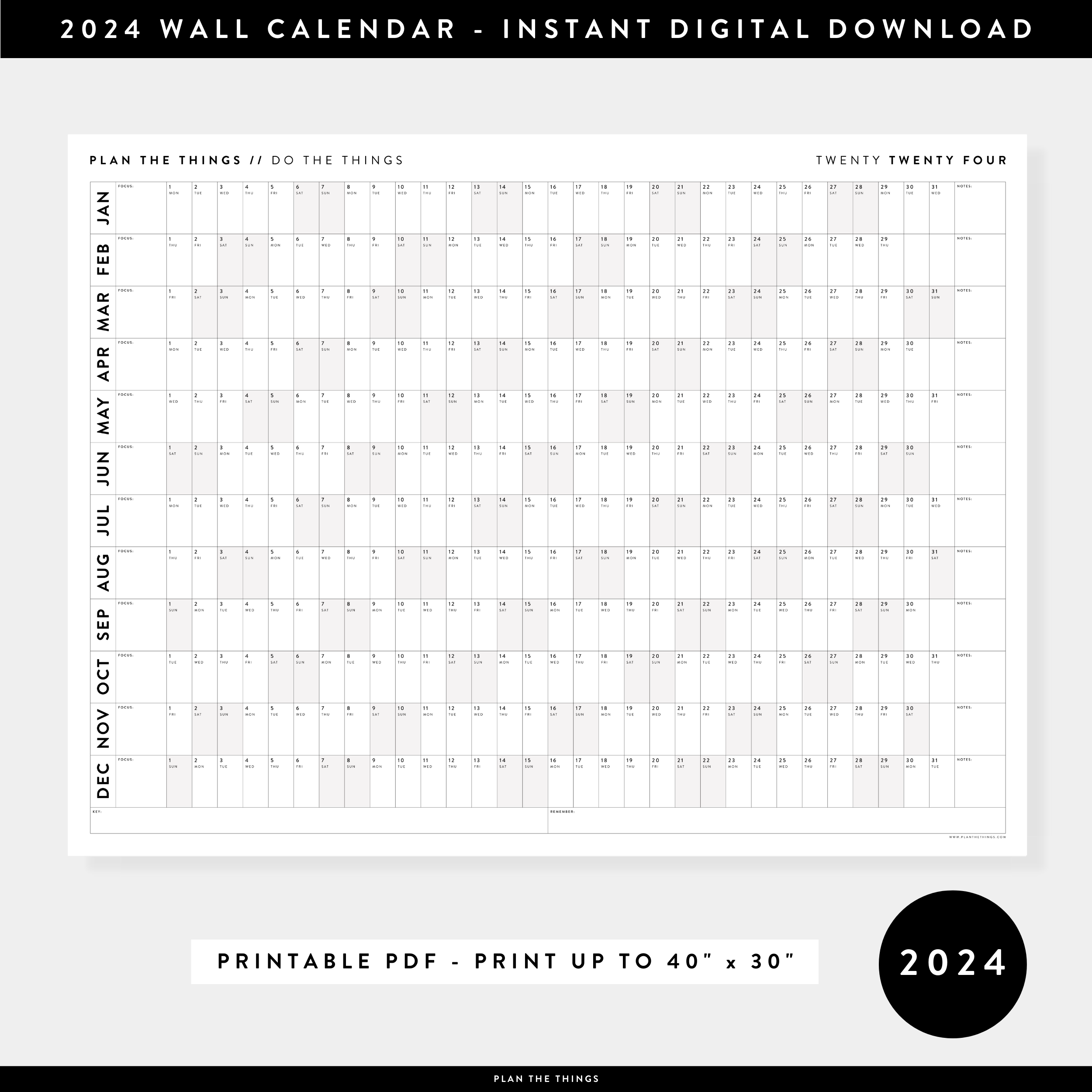 PRINTABLE HORIZONTAL 2024 WALL CALENDAR WITH GRAY WEEKENDS INSTANT D