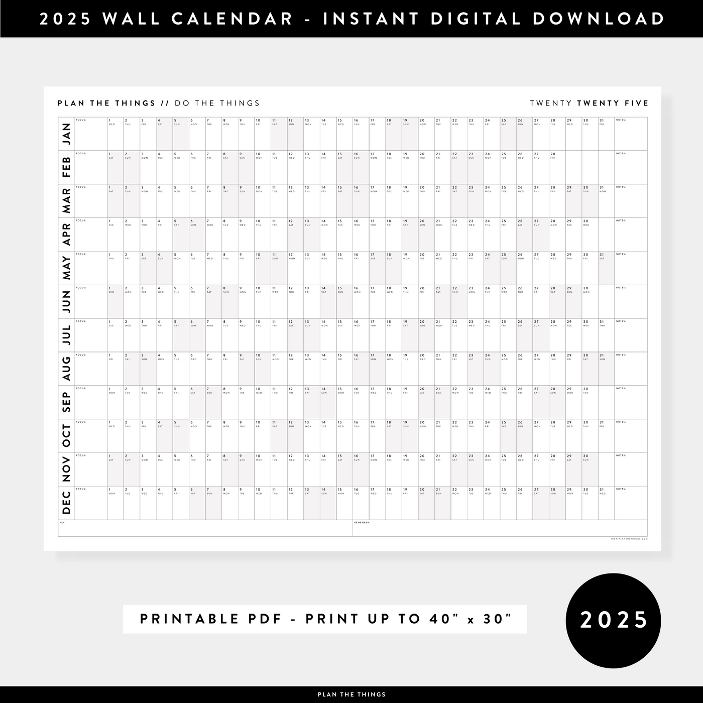 Printable 2025 annual calendars instant download plan the things