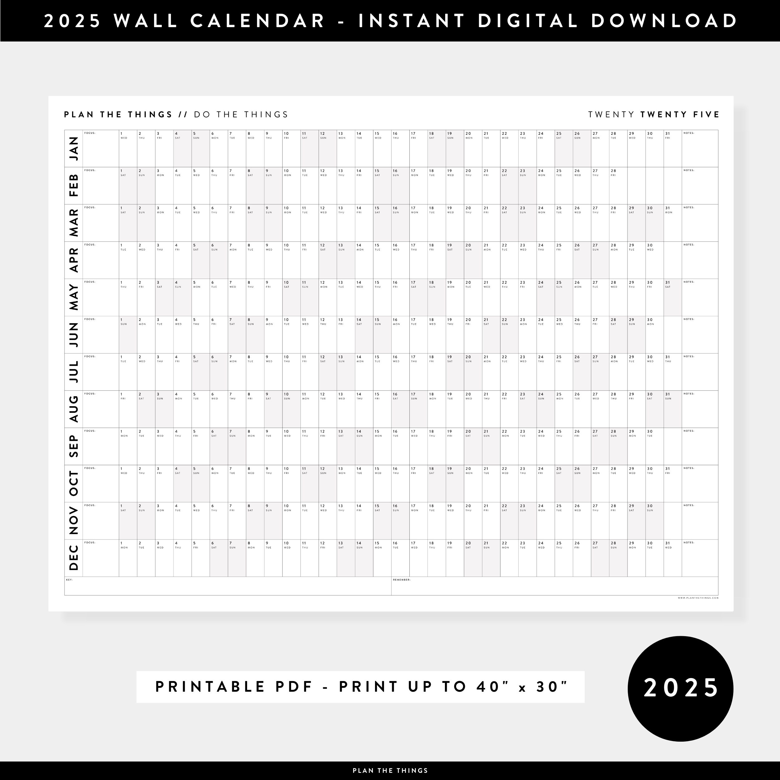 PRINTABLE HORIZONTAL 2025 WALL CALENDAR WITH GRAY WEEKENDS INSTANT D