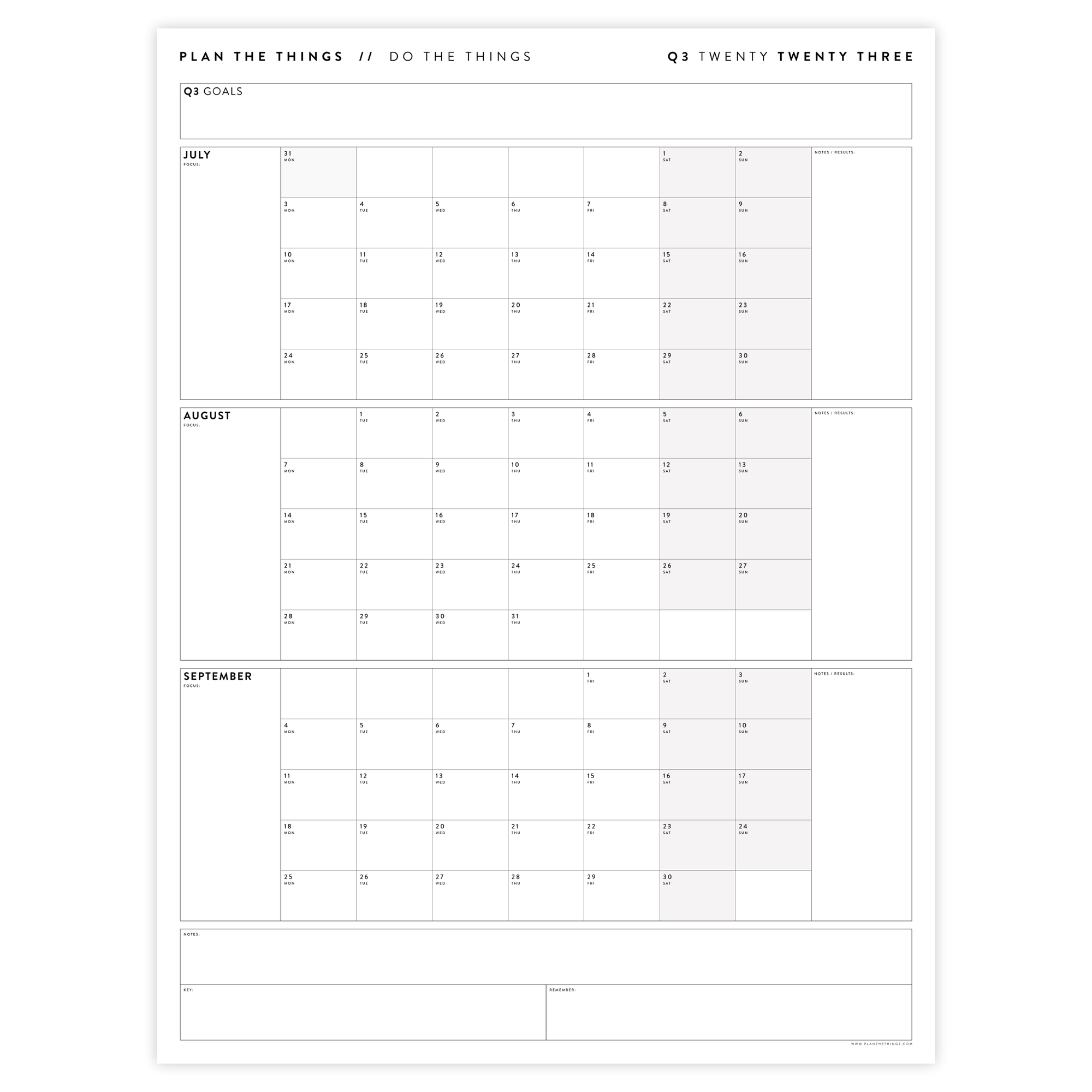 PRINTABLE Q3 (JULY - SEPTEMBER) 2023 QUARTERLY WALL CALENDAR (GRAY / GREY) - INSTANT PDF DOWNLOAD