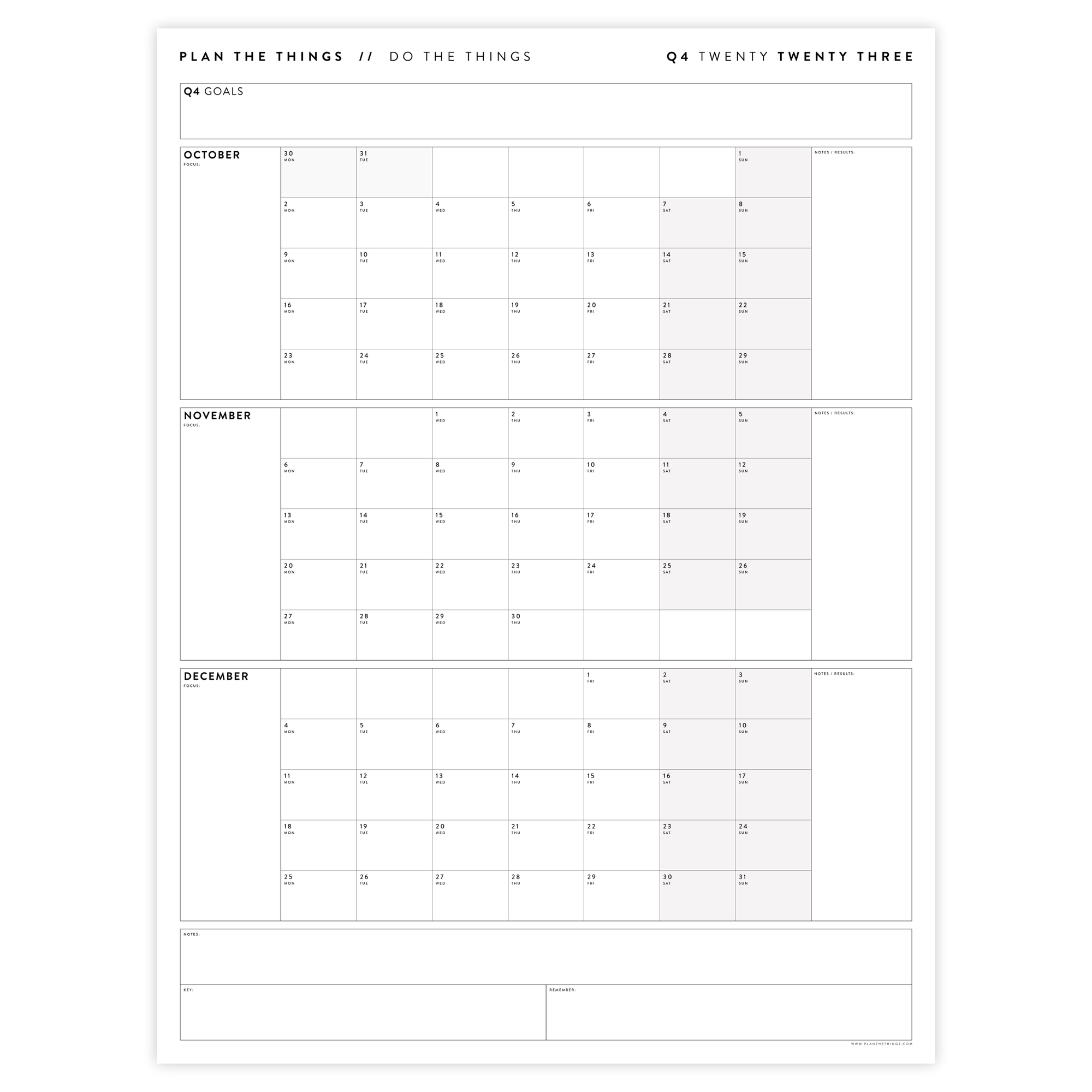 Q4 2023 QUARTERLY GIANT WALL CALENDAR (OCTOBER - DECEMBER 2023) - GRAY / GREY WEEKENDS