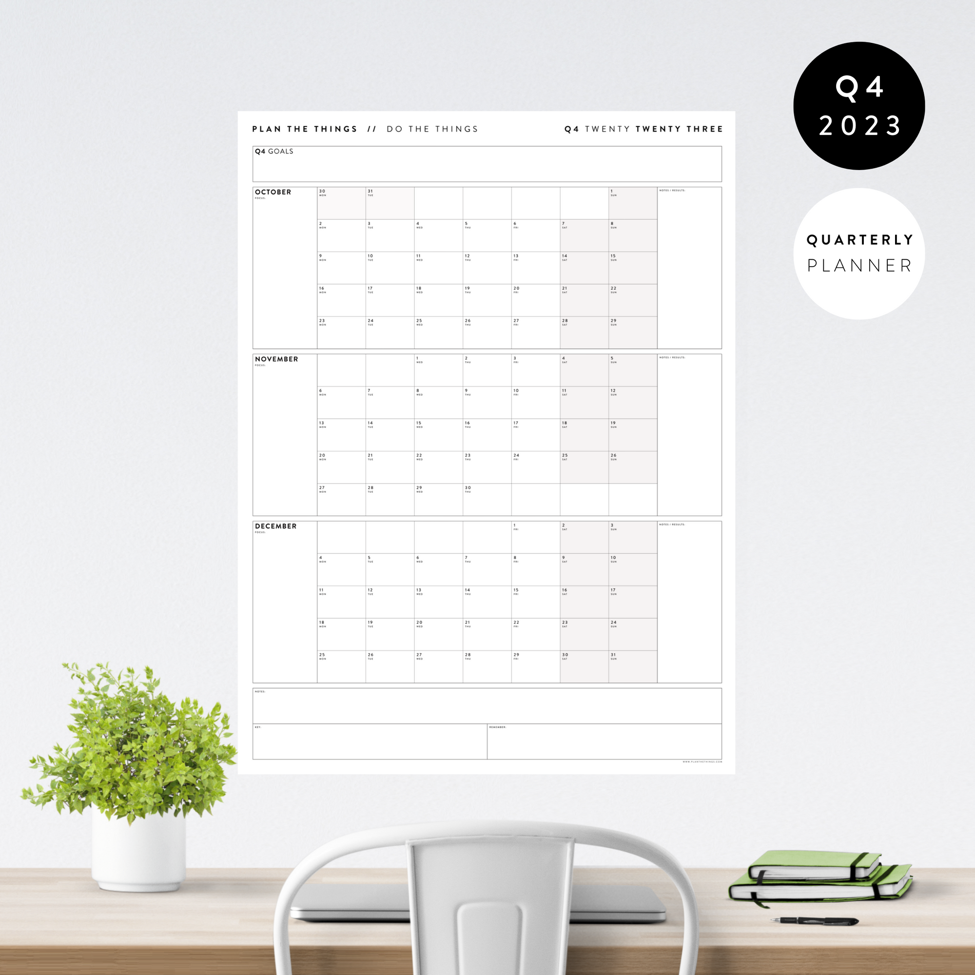 Q4 2023 QUARTERLY GIANT WALL CALENDAR (OCTOBER - DECEMBER 2023) - GRAY / GREY WEEKENDS