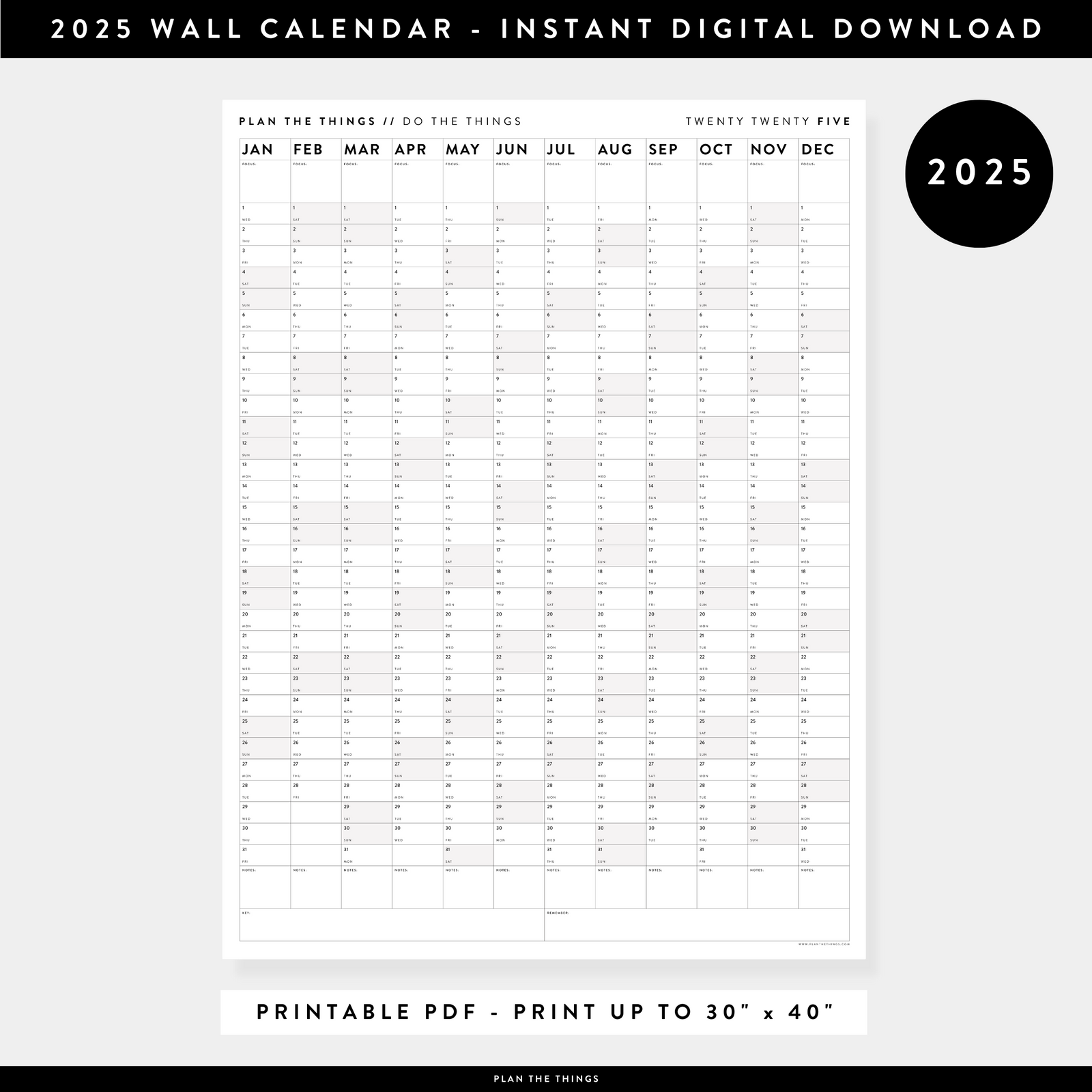 PRINTABLE VERTICAL 2025 WALL CALENDAR WITH GRAY / GREY WEEKENDS - INSTANT DOWNLOAD