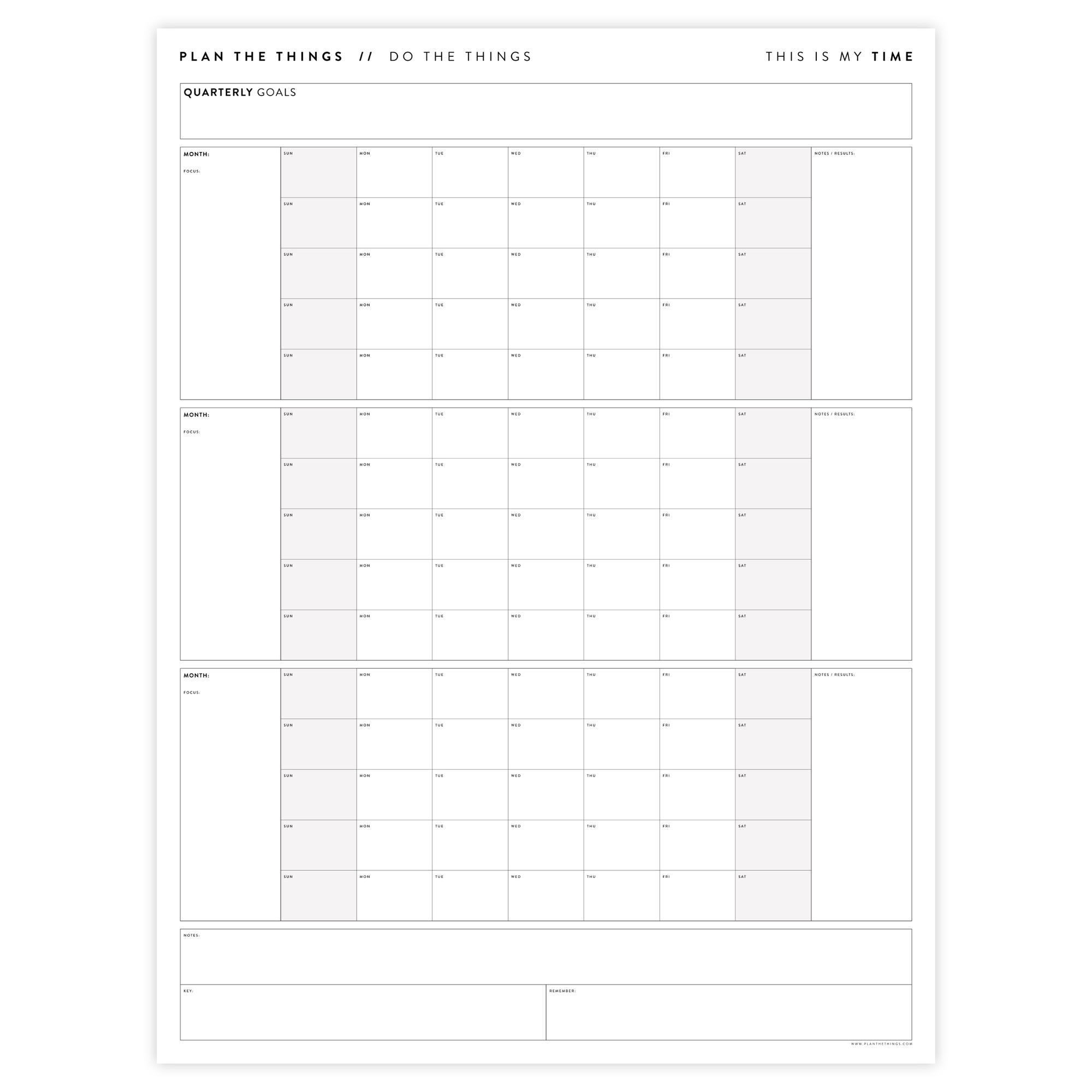 PRINTABLE UNDATED QUARTERLY WALL CALENDAR - SUNDAY START - GRAY WEEKENDS - INSTANT DOWNLOAD