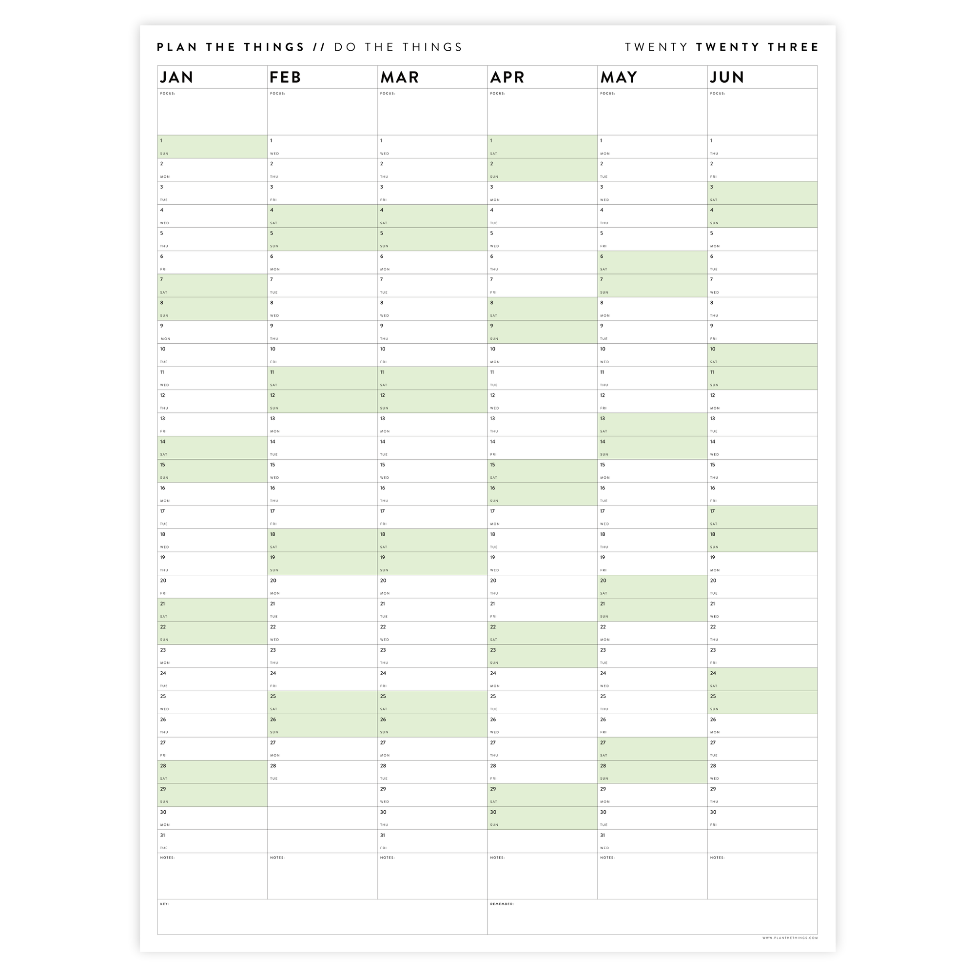 PRINTABLE SIX MONTH 2023 WALL CALENDAR SET WITH GREEN WEEKENDS - INSTANT DOWNLOAD