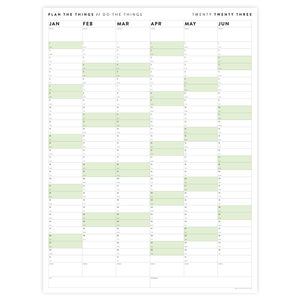 PRINTABLE SIX MONTH 2023 WALL CALENDAR SET WITH GREEN WEEKENDS - INSTANT DOWNLOAD