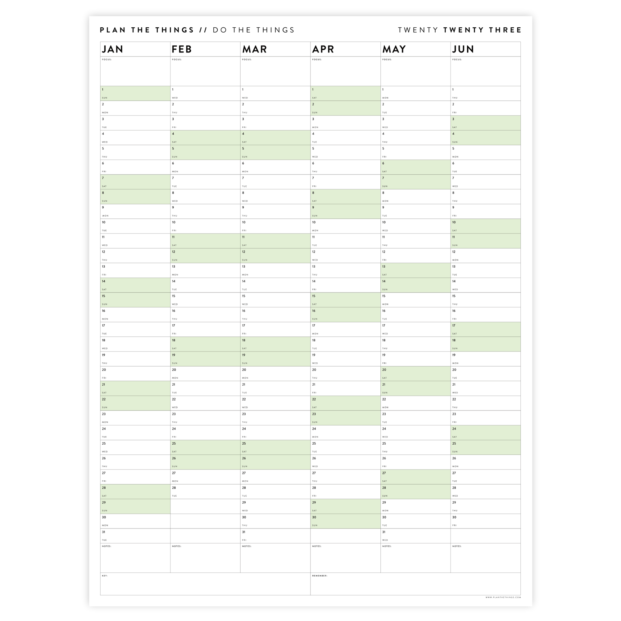 PRINTABLE SIX MONTH 2023 WALL CALENDAR (JANUARY TO JUNE) WITH GREEN WEEKENDS - INSTANT DOWNLOAD