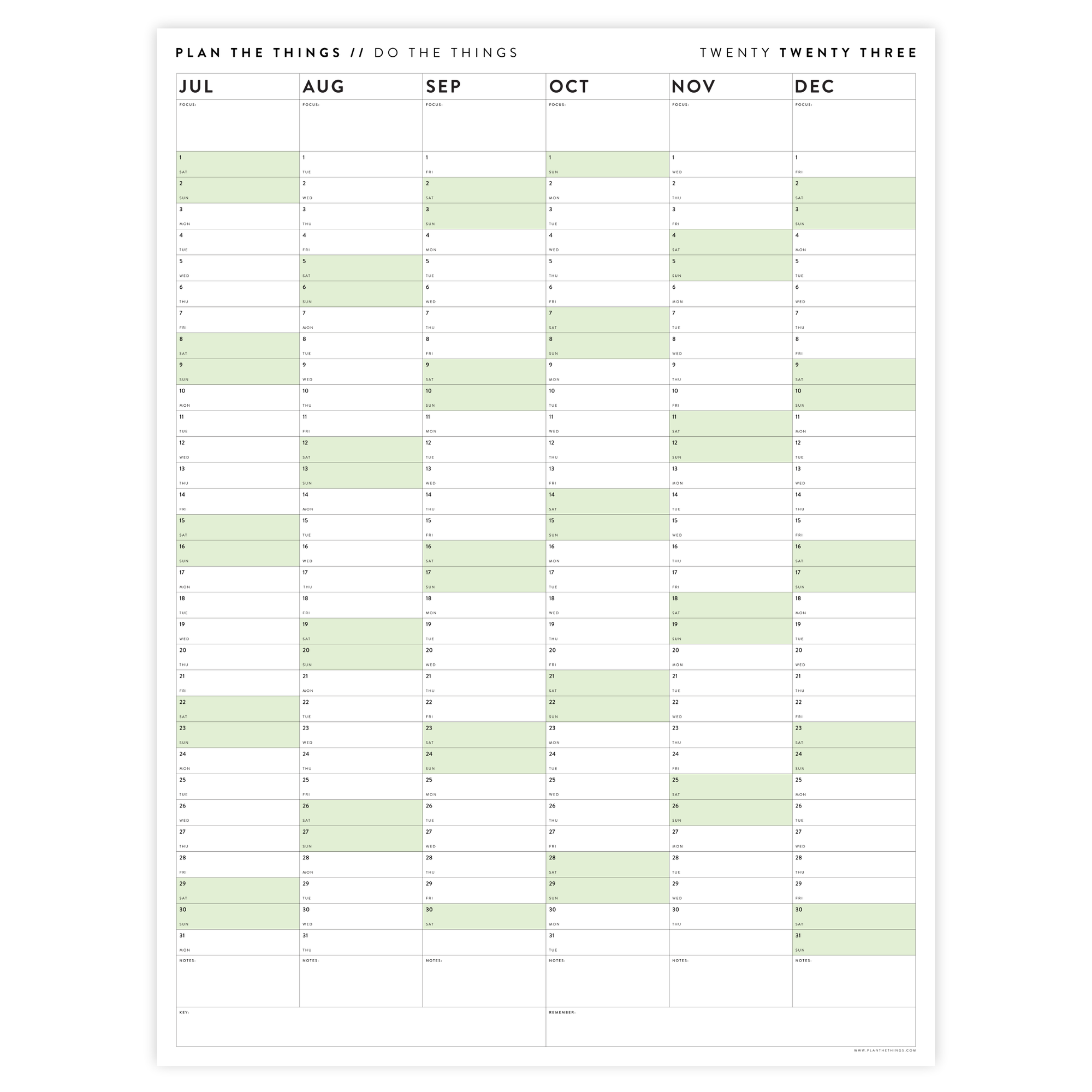 PRINTABLE SIX MONTH 2023 WALL CALENDAR (JULY TO DECEMBER) WITH GREEN WEEKENDS - INSTANT DOWNLOAD