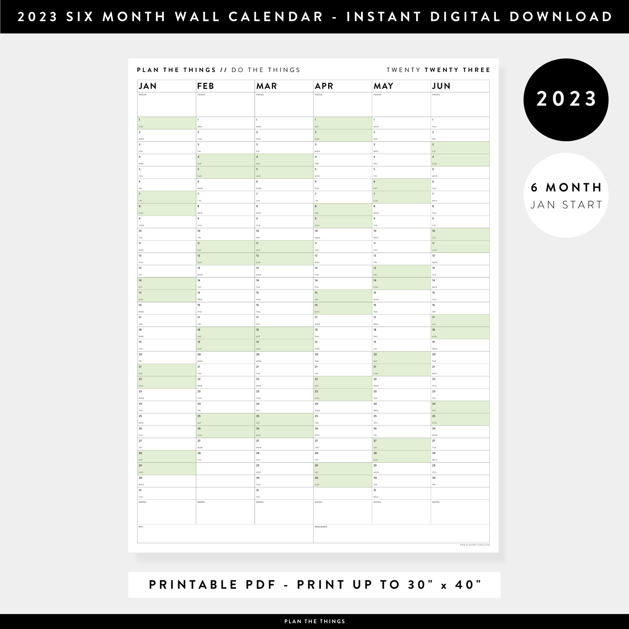 PRINTABLE SIX MONTH 2023 WALL CALENDAR (JANUARY TO JUNE) WITH GREEN WEEKENDS - INSTANT DOWNLOAD