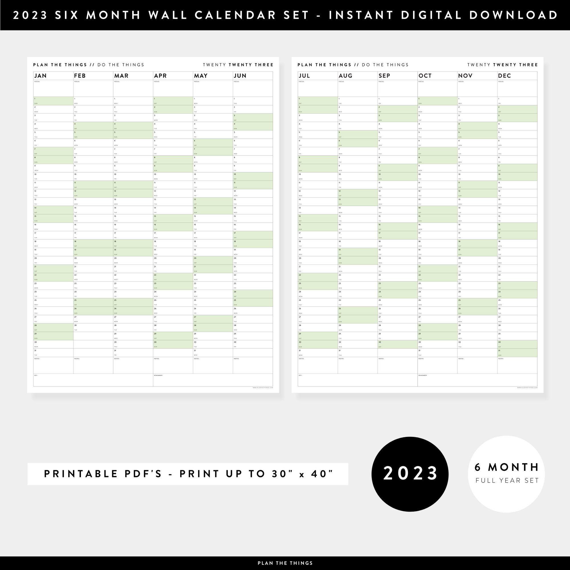 PRINTABLE SIX MONTH 2023 WALL CALENDAR SET WITH GREEN WEEKENDS - INSTANT DOWNLOAD