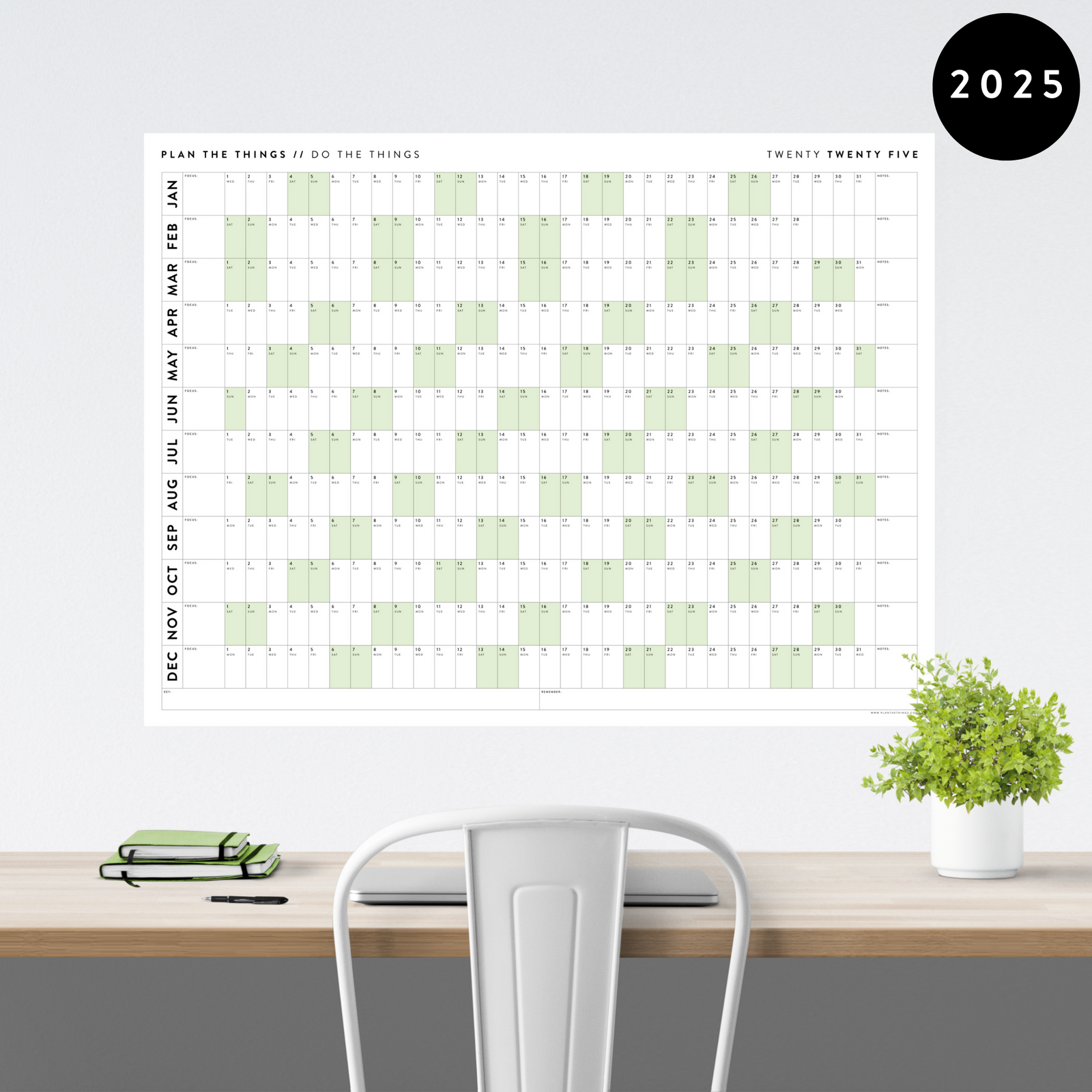 GIANT 2025 ANNUAL WALL CALENDAR | HORIZONTAL WITH GREEN WEEKENDS