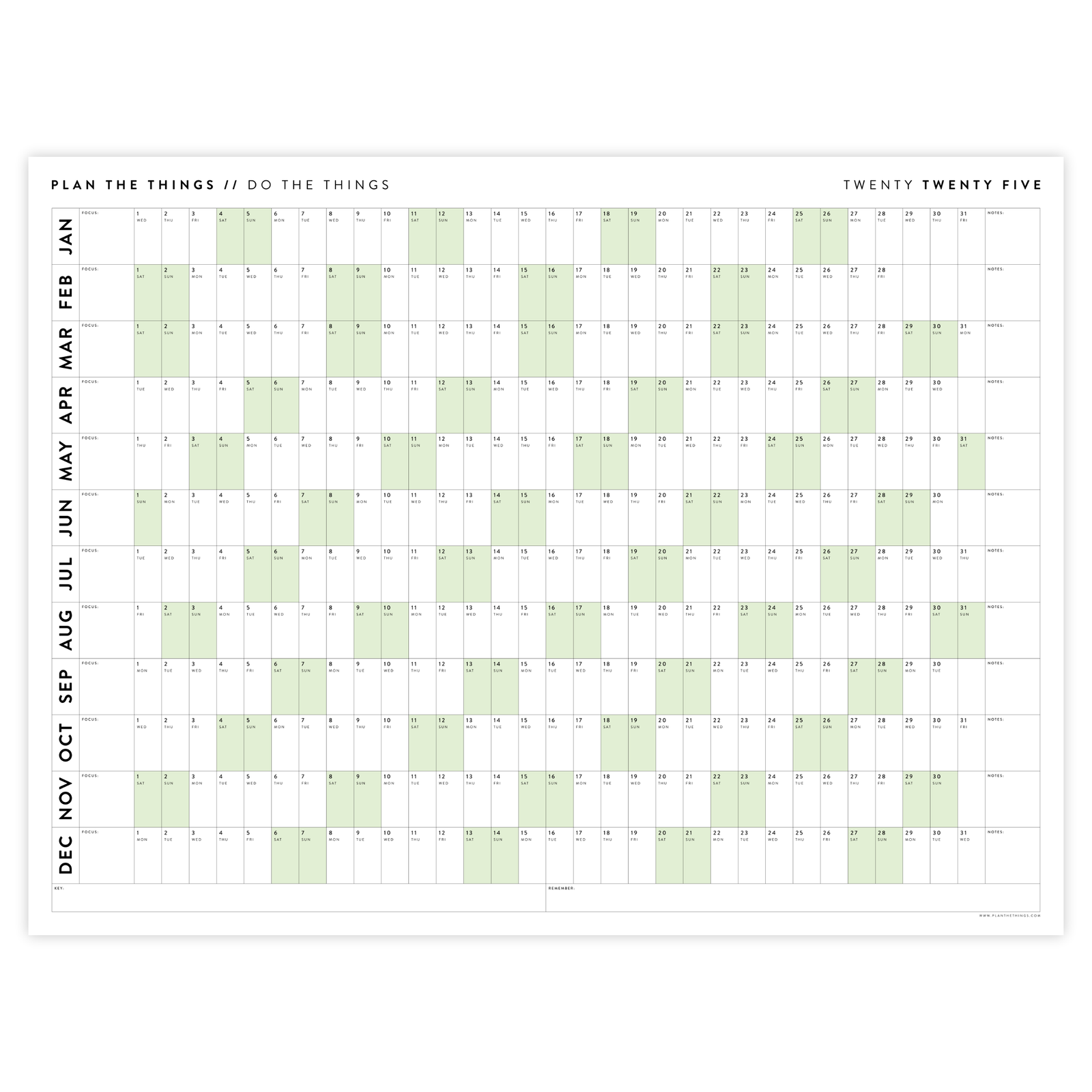 GIANT 2025 ANNUAL WALL CALENDAR | HORIZONTAL WITH GREEN WEEKENDS