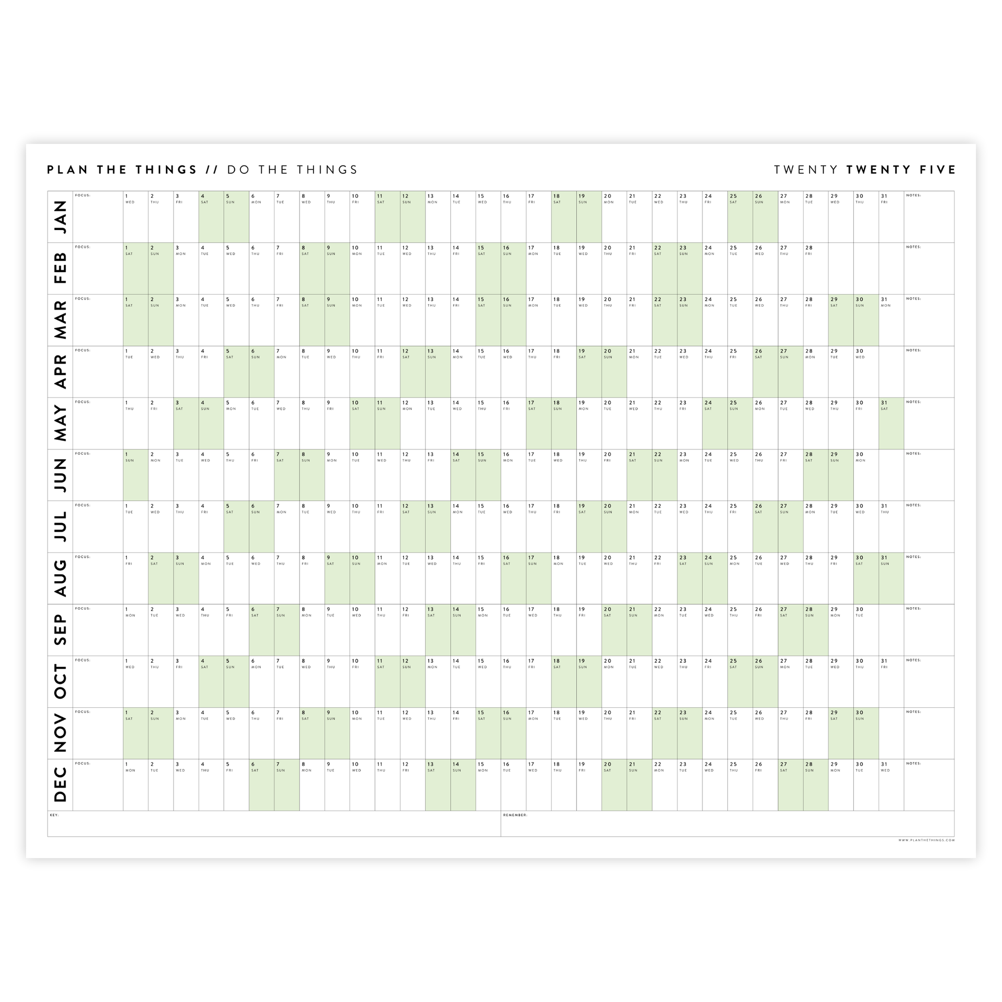 GIANT 2025 ANNUAL WALL CALENDAR | HORIZONTAL WITH GREEN WEEKENDS