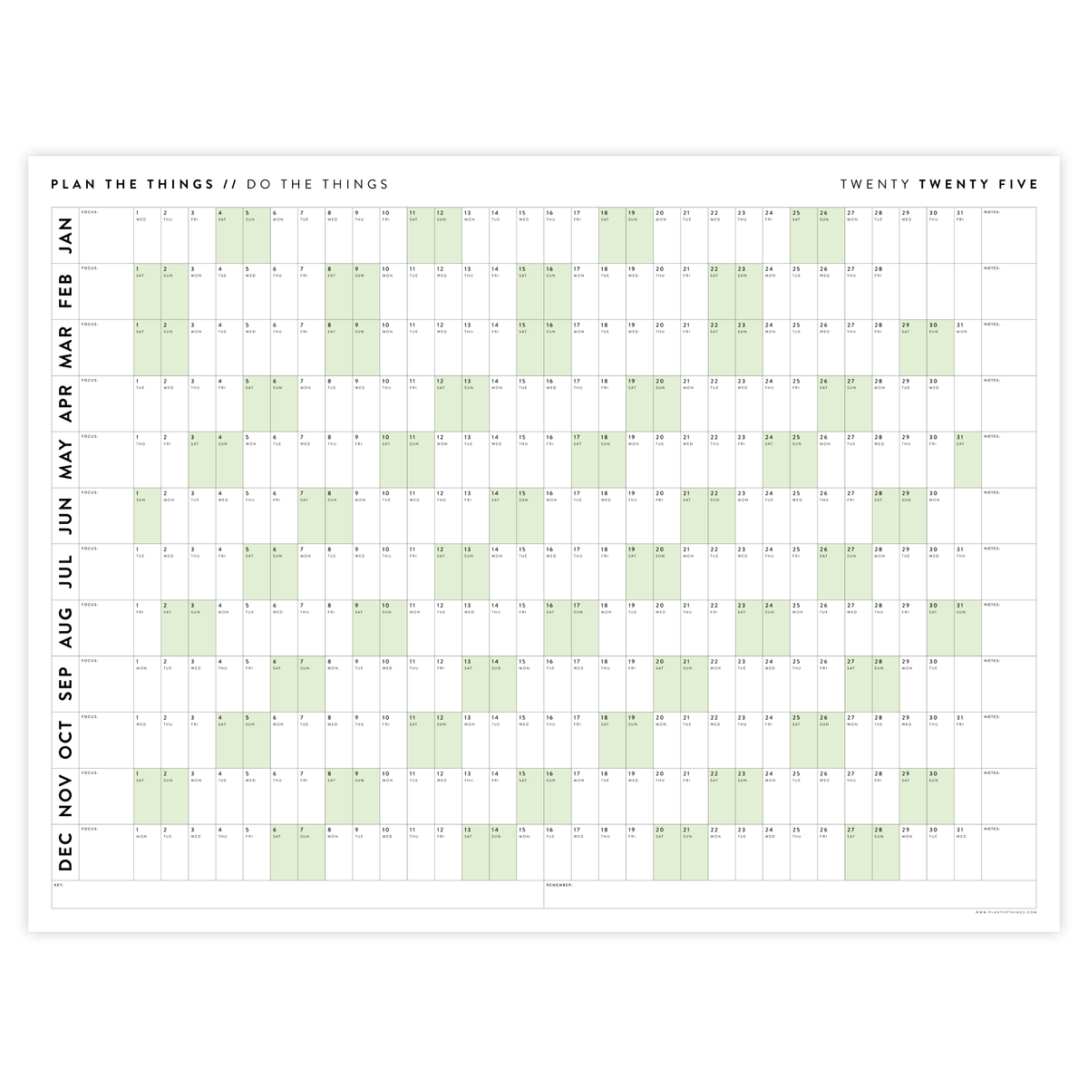 PRINTABLE 2025 HORIZONTAL WALL CALENDAR WITH GREEN WEEKENDS - INSTANT ...