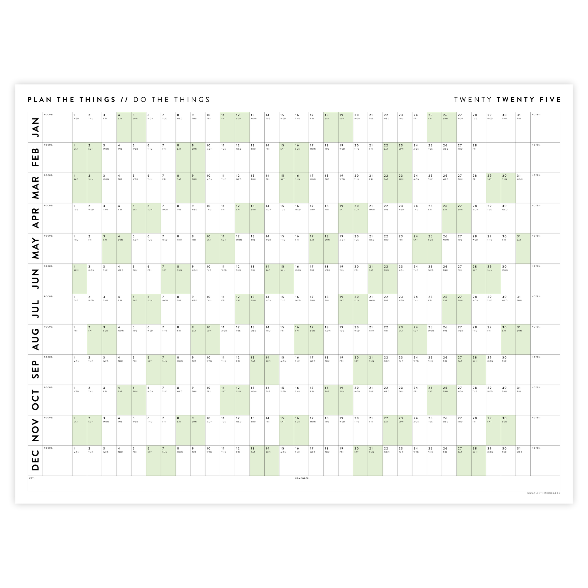 PRINTABLE 2025 HORIZONTAL WALL CALENDAR WITH GREEN WEEKENDS - INSTANT DOWNLOAD
