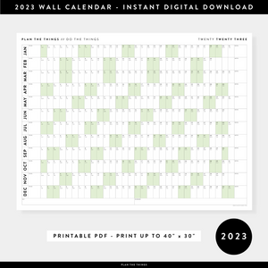 PRINTABLE HORIZONTAL 2023 WALL CALENDAR WITH GREEN WEEKENDS - INSTANT DOWNLOAD