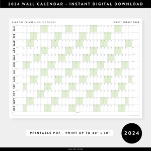 PRINTABLE HORIZONTAL 2024 WALL CALENDAR WITH GREEN WEEKENDS - INSTANT DOWNLOAD