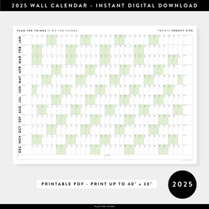 PRINTABLE 2025 HORIZONTAL WALL CALENDAR WITH GREEN WEEKENDS - INSTANT DOWNLOAD