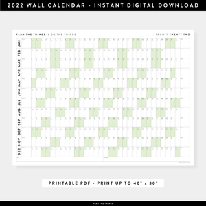 PRINTABLE HORIZONTAL 2022 WALL CALENDAR WITH GREEN WEEKENDS - INSTANT DOWNLOAD