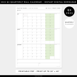 PRINTABLE Q3 (JULY - SEPTEMBER) 2023 QUARTERLY WALL CALENDAR (GREEN) - INSTANT PDF DOWNLOAD