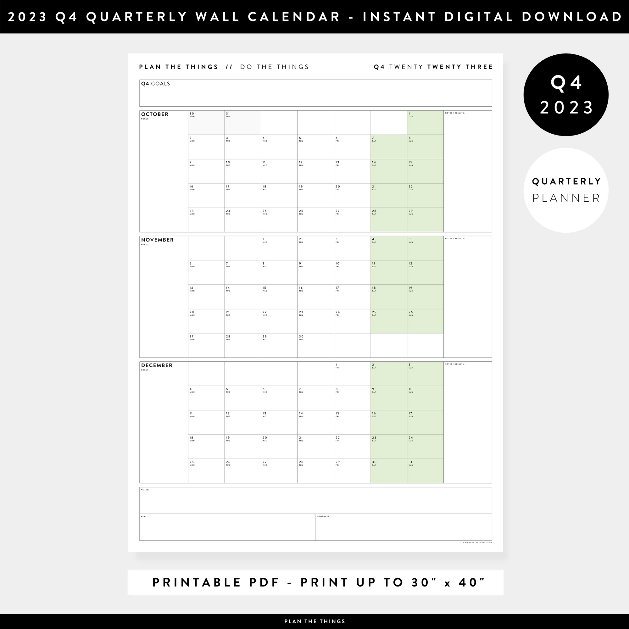 PRINTABLE Q4 (OCTOBER - DECEMBER) 2023 QUARTERLY WALL CALENDAR (GREEN) - INSTANT PDF DOWNLOAD