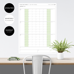PRINTABLE UNDATED QUARTERLY WALL CALENDAR - SUNDAY START - GREEN WEEKENDS - INSTANT DOWNLOAD