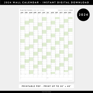 PRINTABLE VERTICAL 2024 WALL CALENDAR WITH GREEN WEEKENDS - INSTANT DOWNLOAD