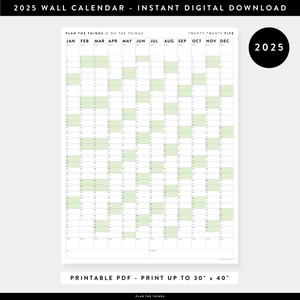 PRINTABLE VERTICAL 2025 WALL CALENDAR WITH GREEN WEEKENDS - INSTANT DOWNLOAD