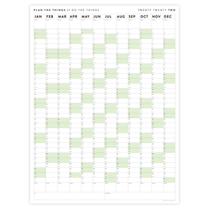 PRINTABLE VERTICAL 2022 WALL CALENDAR WITH GREEN WEEKENDS - INSTANT DOWNLOAD
