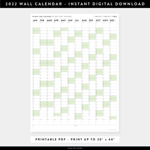 PRINTABLE VERTICAL 2022 WALL CALENDAR WITH GREEN WEEKENDS - INSTANT DOWNLOAD