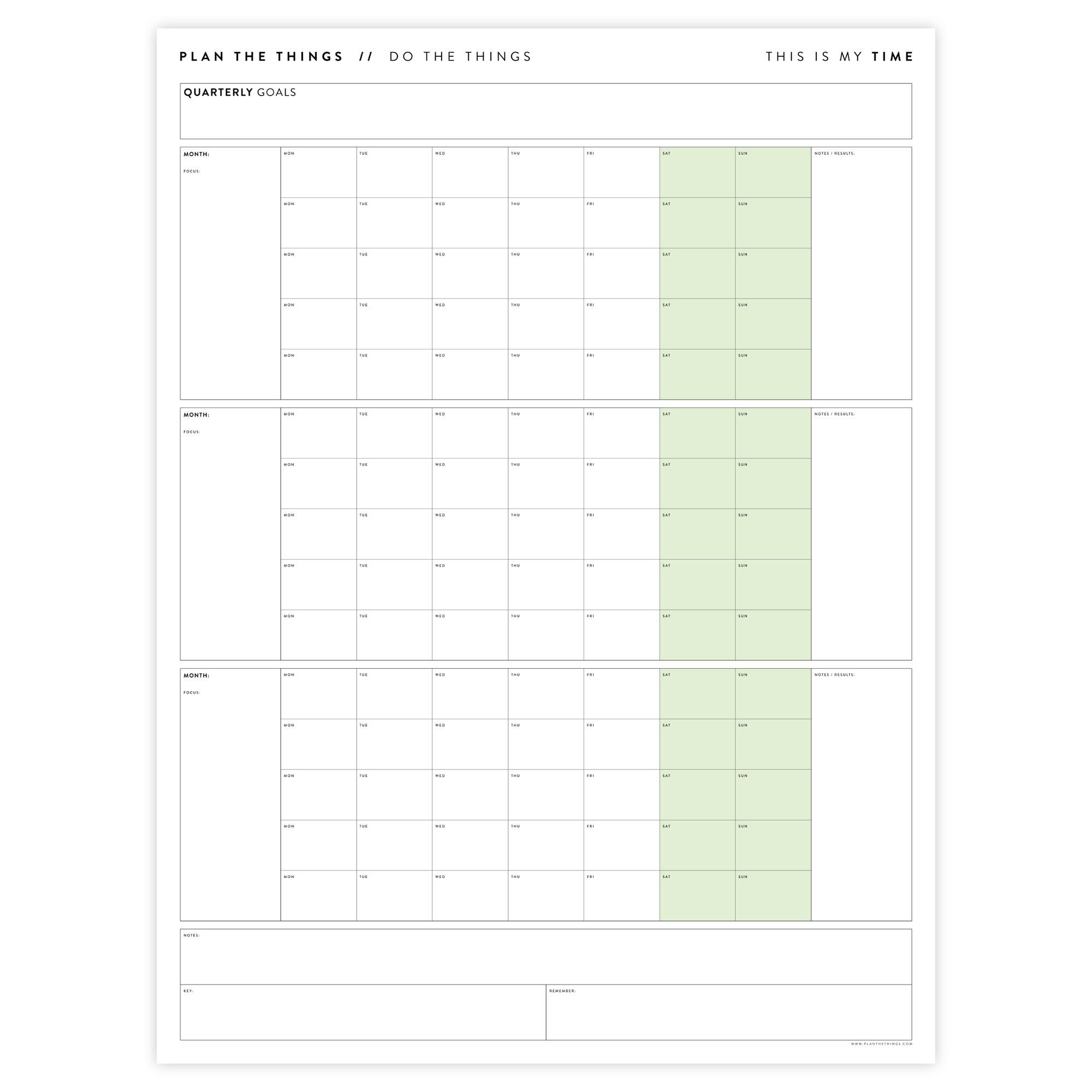 PRINTABLE UNDATED QUARTERLY WALL CALENDAR - MONDAY START - GREEN WEEKENDS - INSTANT DOWNLOAD