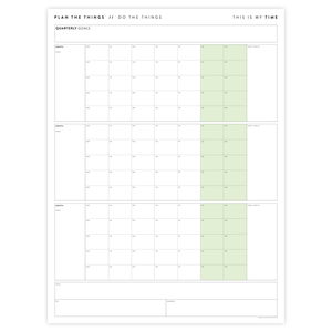 PRINTABLE UNDATED QUARTERLY WALL CALENDAR - MONDAY START - GREEN WEEKENDS - INSTANT DOWNLOAD