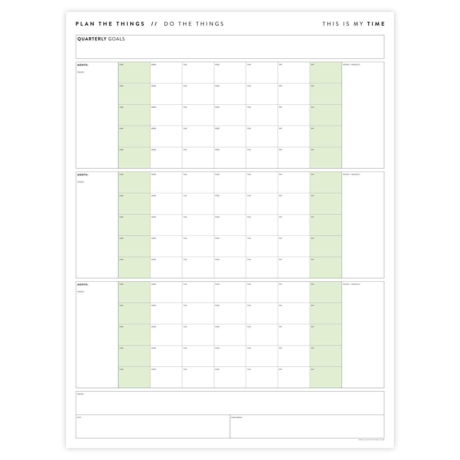 UNDATED QUARTERLY GIANT WALL CALENDAR - SUNDAY START - GREEN WEEKENDS