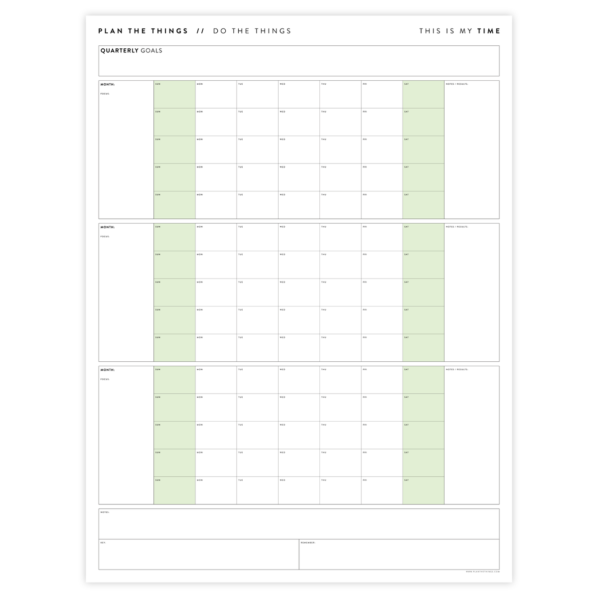 PRINTABLE UNDATED QUARTERLY WALL CALENDAR - SUNDAY START - GREEN WEEKENDS - INSTANT DOWNLOAD