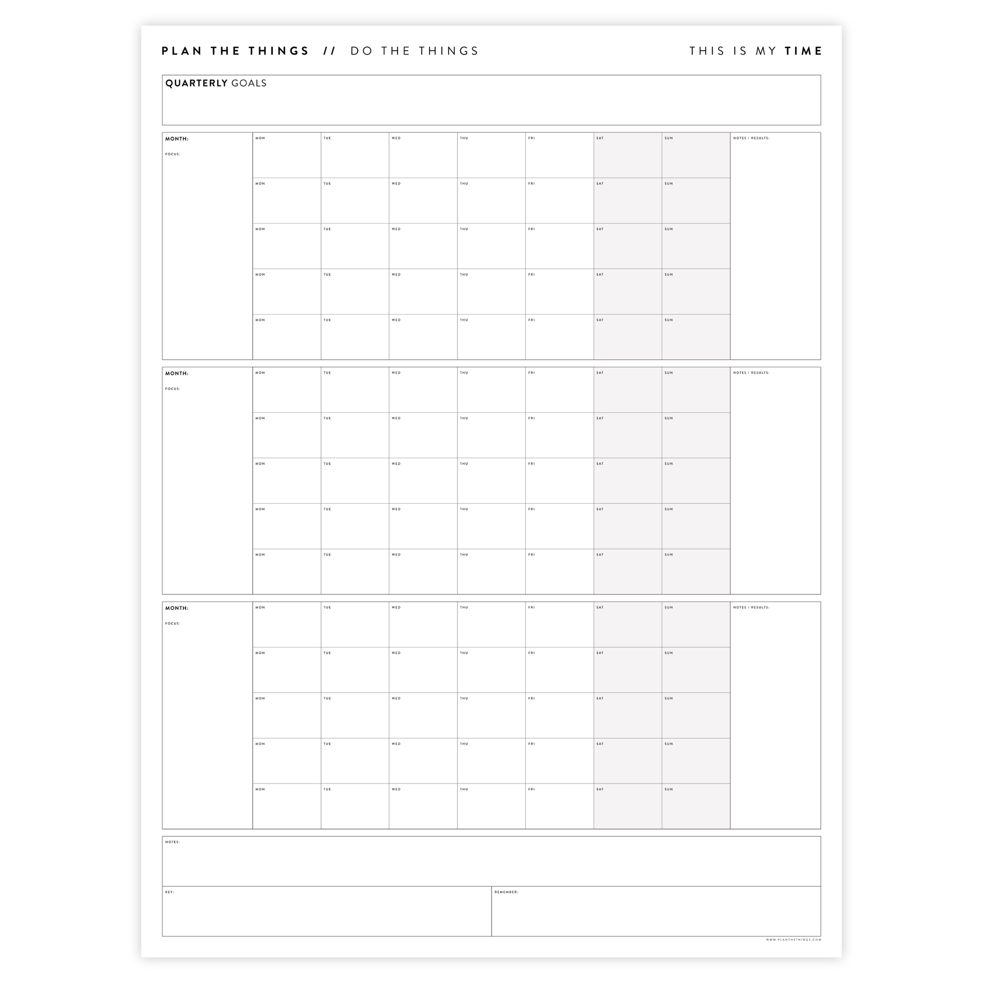 PRINTABLE UNDATED QUARTERLY WALL CALENDAR - MONDAY START - GRAY WEEKENDS - INSTANT DOWNLOAD