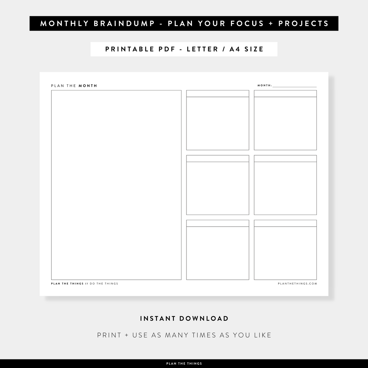 Monthly Planning Braindump Printable Planner Inserts (A4 + US Letter)