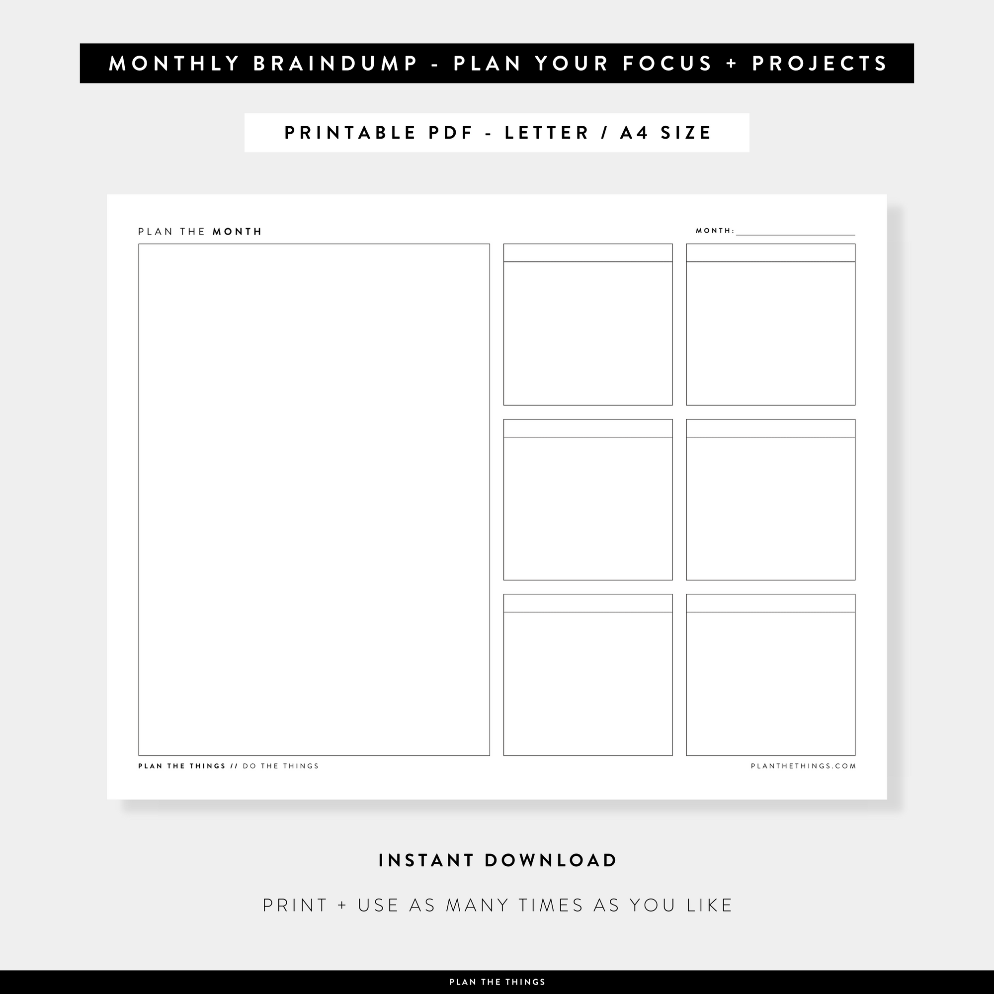 Monthly Planning Braindump Printable Planner Inserts (A4 + US Letter)