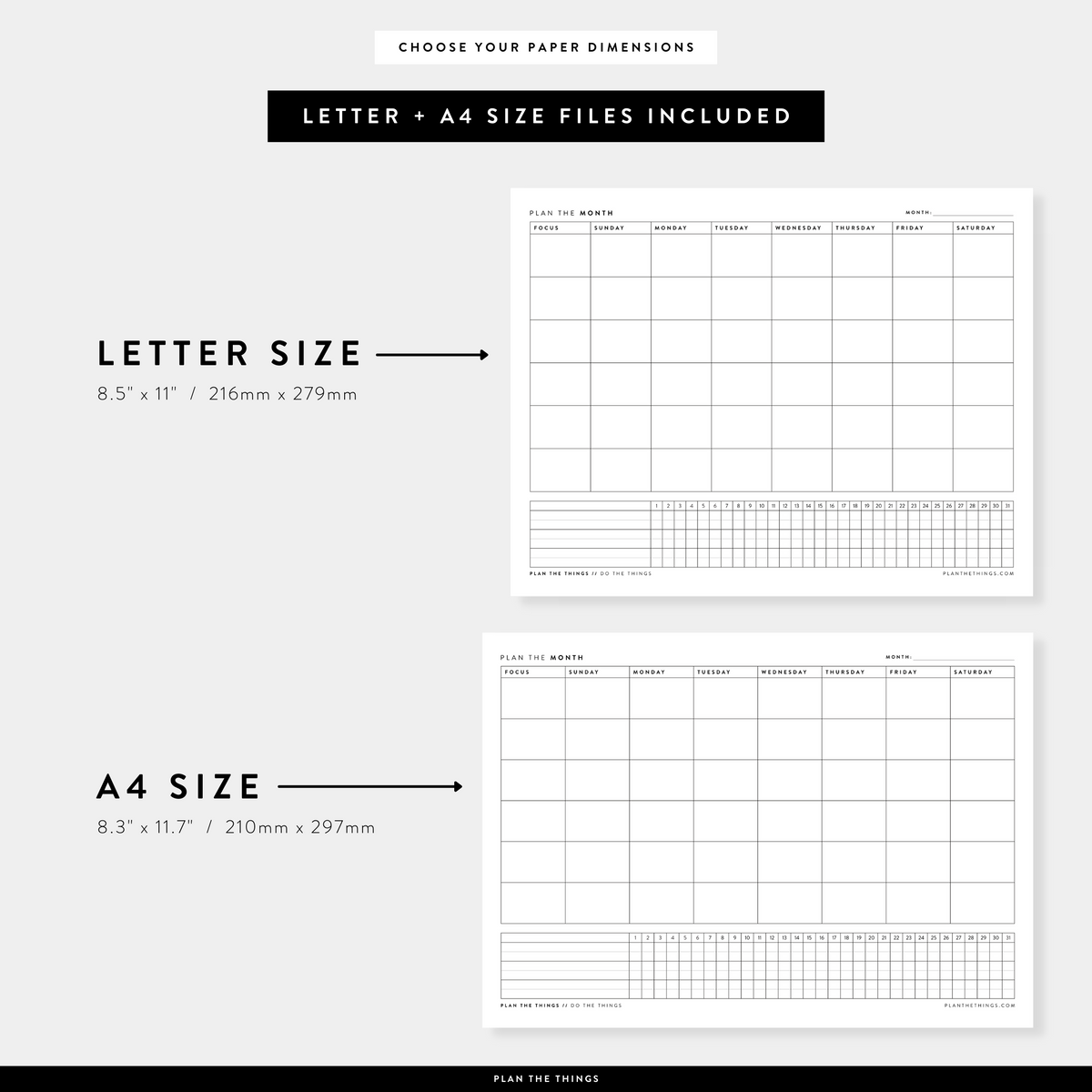 Monthly Calendar with Tracker - Undated Printable Planner Inserts (A4 + US Letter)