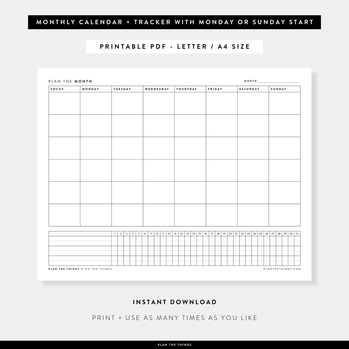 Monthly Calendar with Tracker - Undated Printable Planner Inserts (A4 + US Letter)