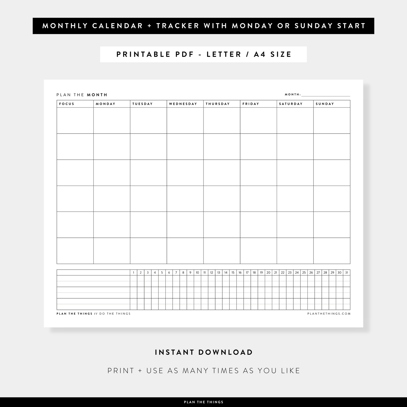 Monthly Calendar with Tracker - Undated Printable Planner Inserts (A4 + US Letter)